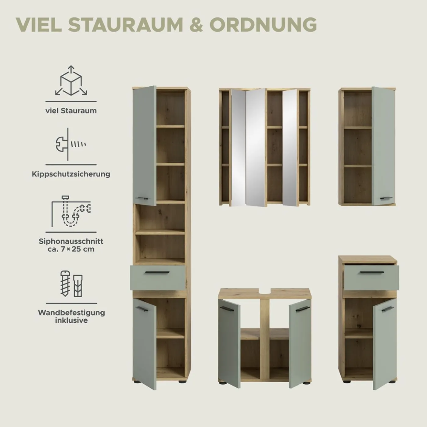 Badezimmer-Set Blake | Salbei / Artisan Eiche | 5-teilig ohne Beleuchtung