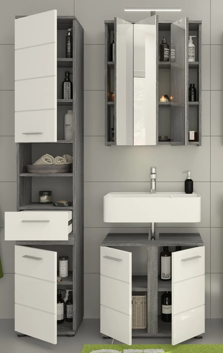Badezimmer-Set Blake | weiß Hochglanz / rauchsilber | 3-teilig