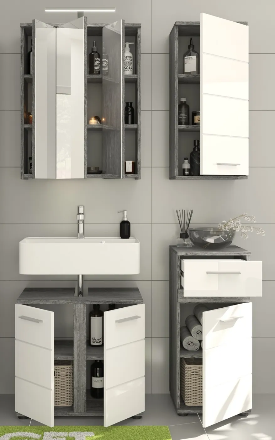 Badezimmer-Set Blake | weiß Hochglanz / rauchsilber | 4-teilig