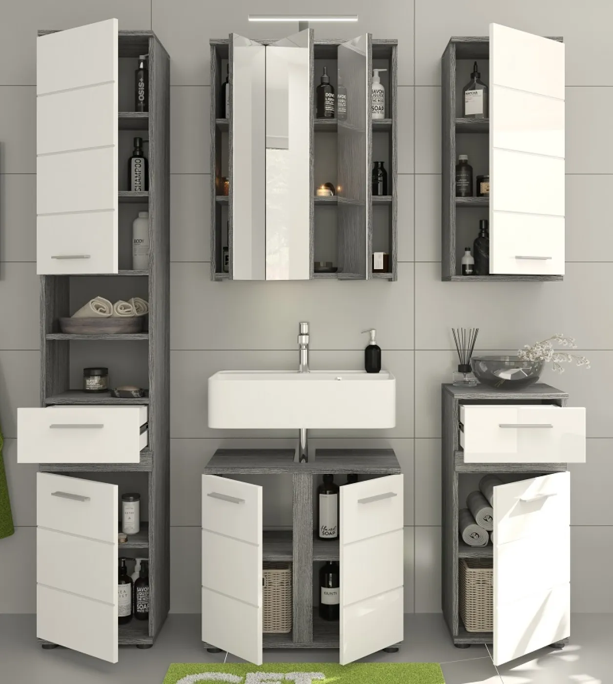 Badezimmer-Set Blake | weiß Hochglanz / rauchsilber | 5-teilig ohne Beleuchtung