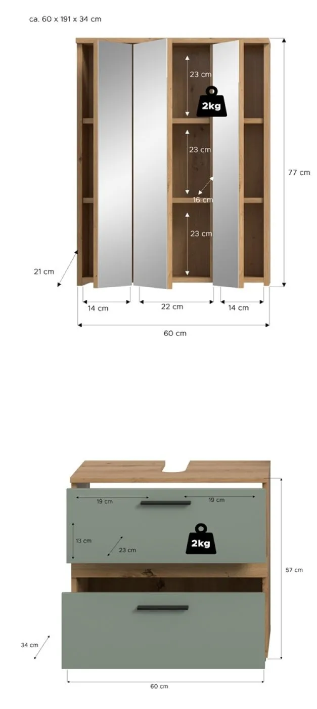 Badezimmer-Set Blake1 | Salbei / Artisan Eiche | 2-teilig mit Aufsatzleuchte