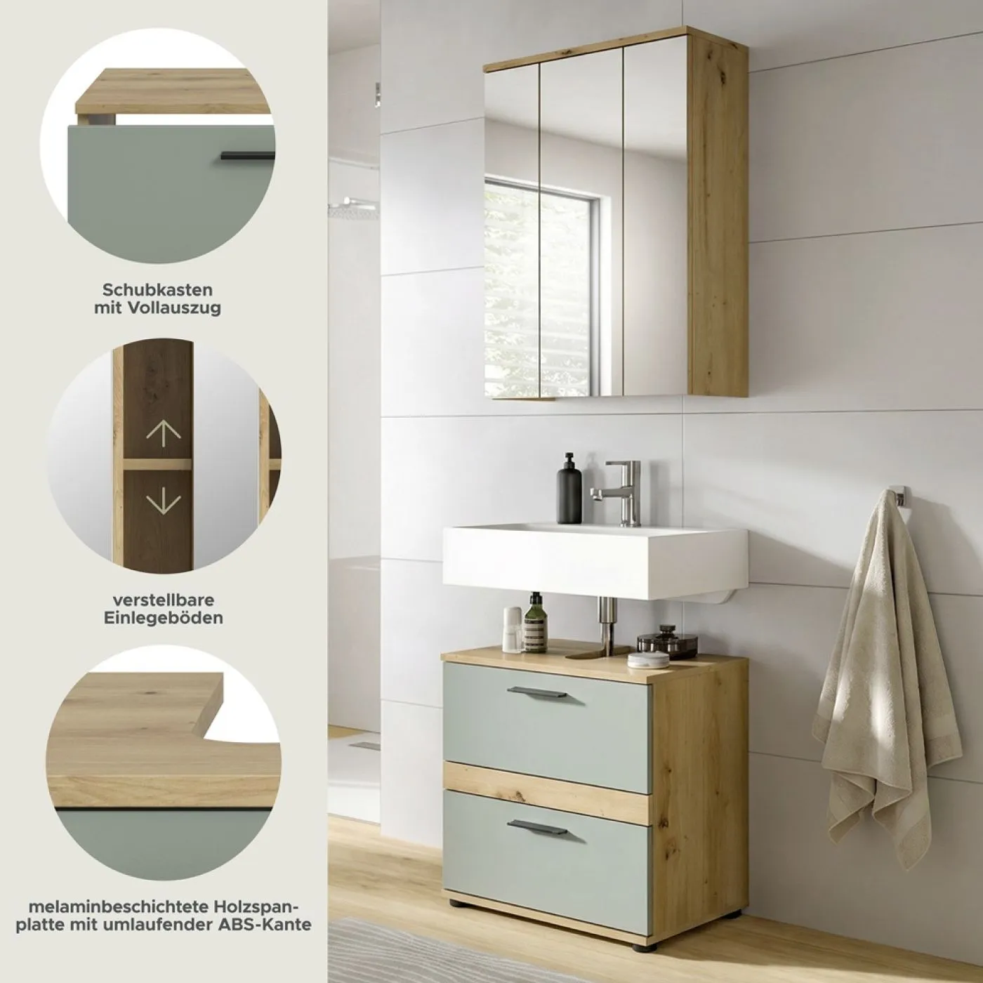 Badezimmer-Set Blake1 | Salbei / Artisan Eiche | 2-teilig ohne Aufsatzleuchte