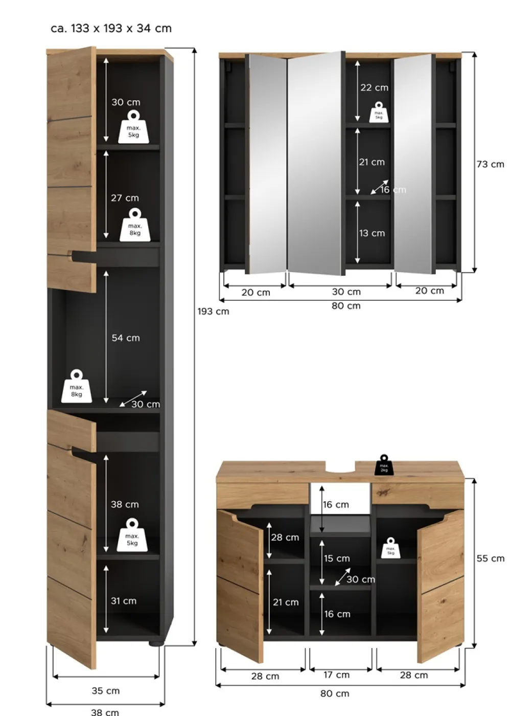 Badezimmer Set Canu 2 | 3-teilig | Artisan Eiche / Basalt grau | mit Aufsatzleuchte