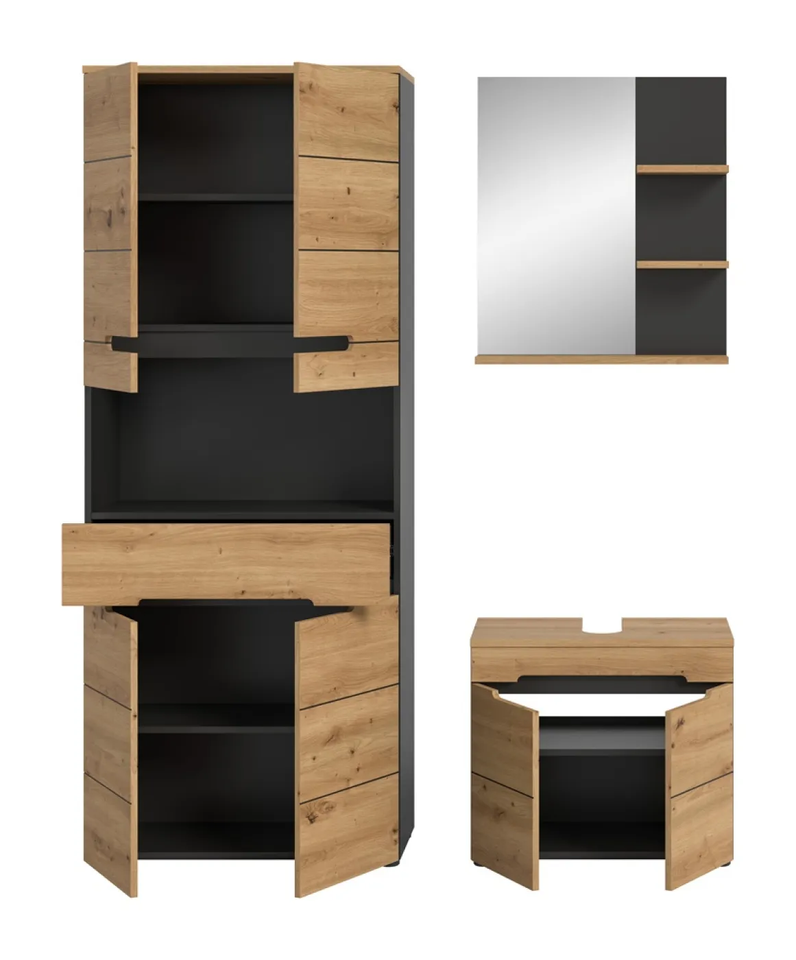 Badezimmer Set Canu 3 | 3-teilig | Artisan Eiche / Basalt grau | mit Aufsatzleuchte