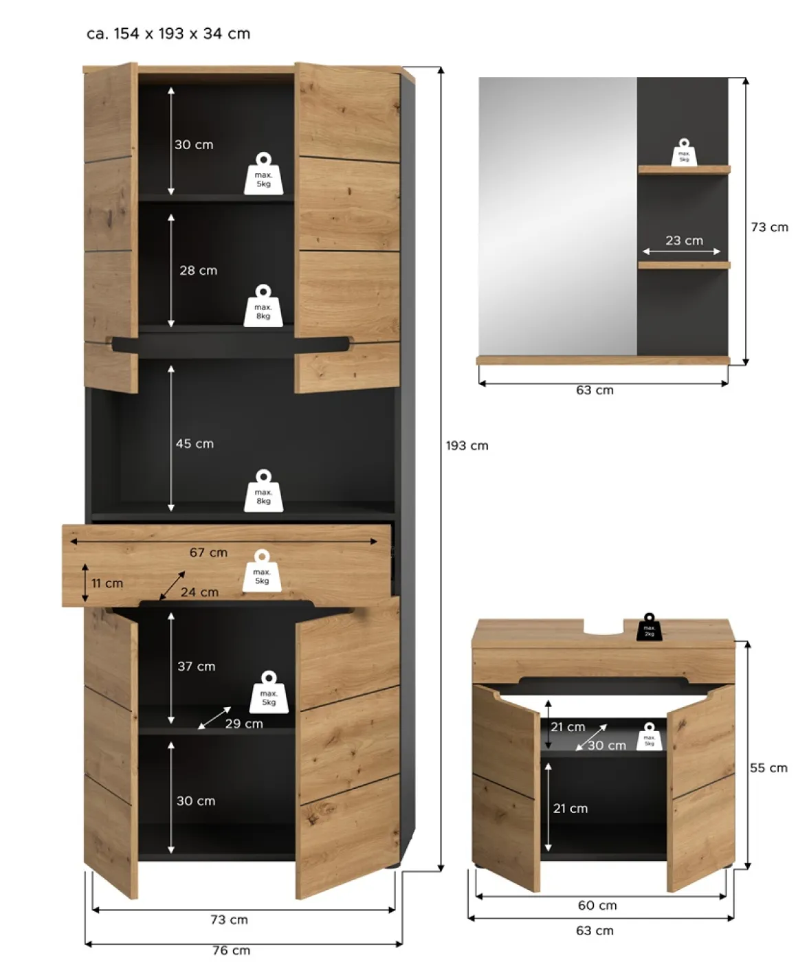 Badezimmer Set Canu 3 | 3-teilig | Artisan Eiche / Basalt grau | mit Aufsatzleuchte