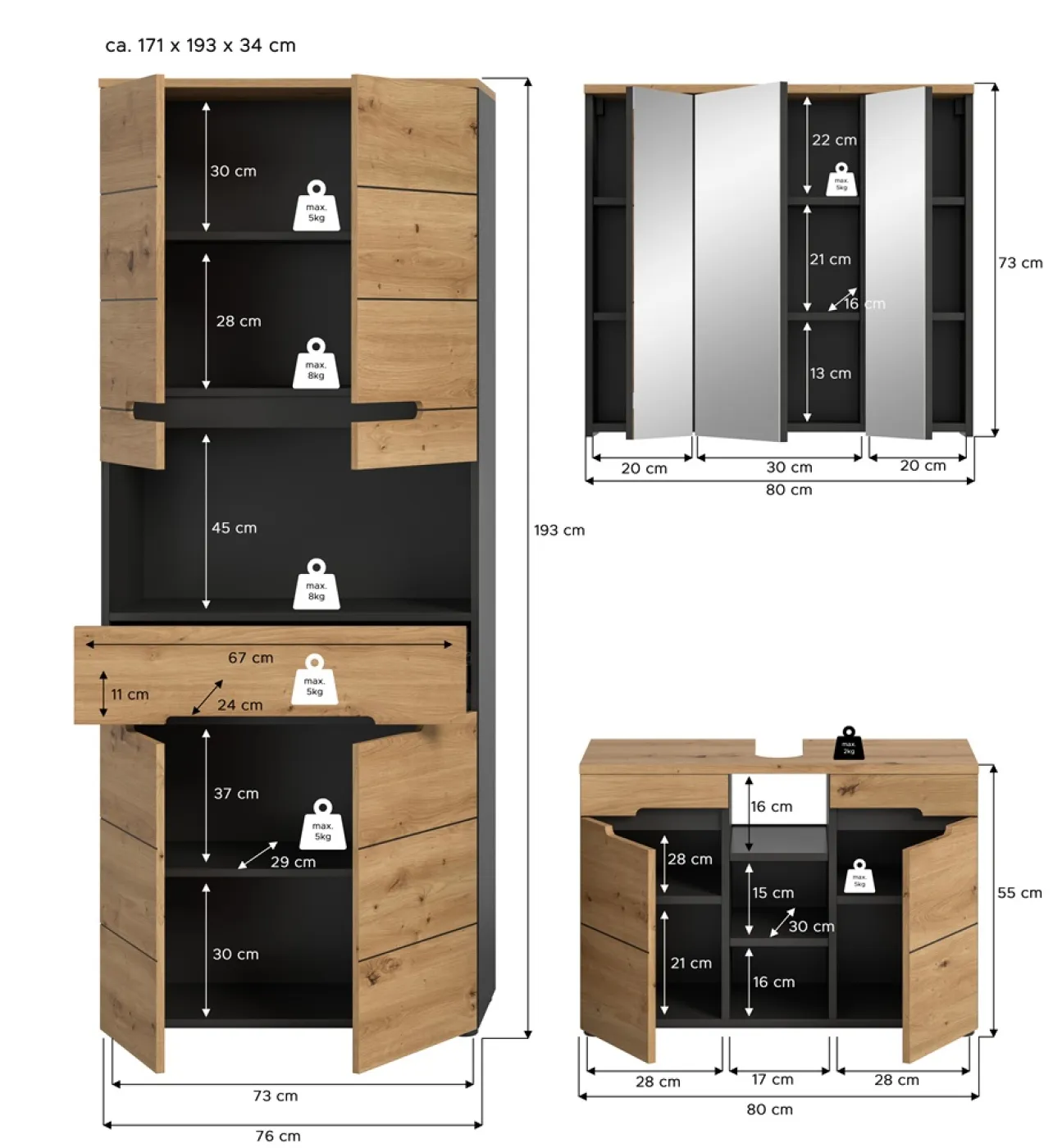 Badezimmer Set Canu 4 | 3-teilig | Artisan Eiche / Basalt grau | mit Aufsatzleuchte