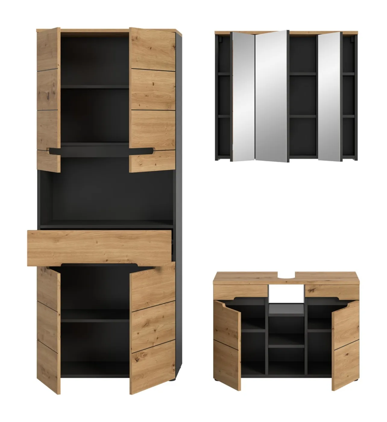 Badezimmer Set Canu 4 | 3-teilig | Artisan Eiche / Basalt grau | optional Beleuchtung