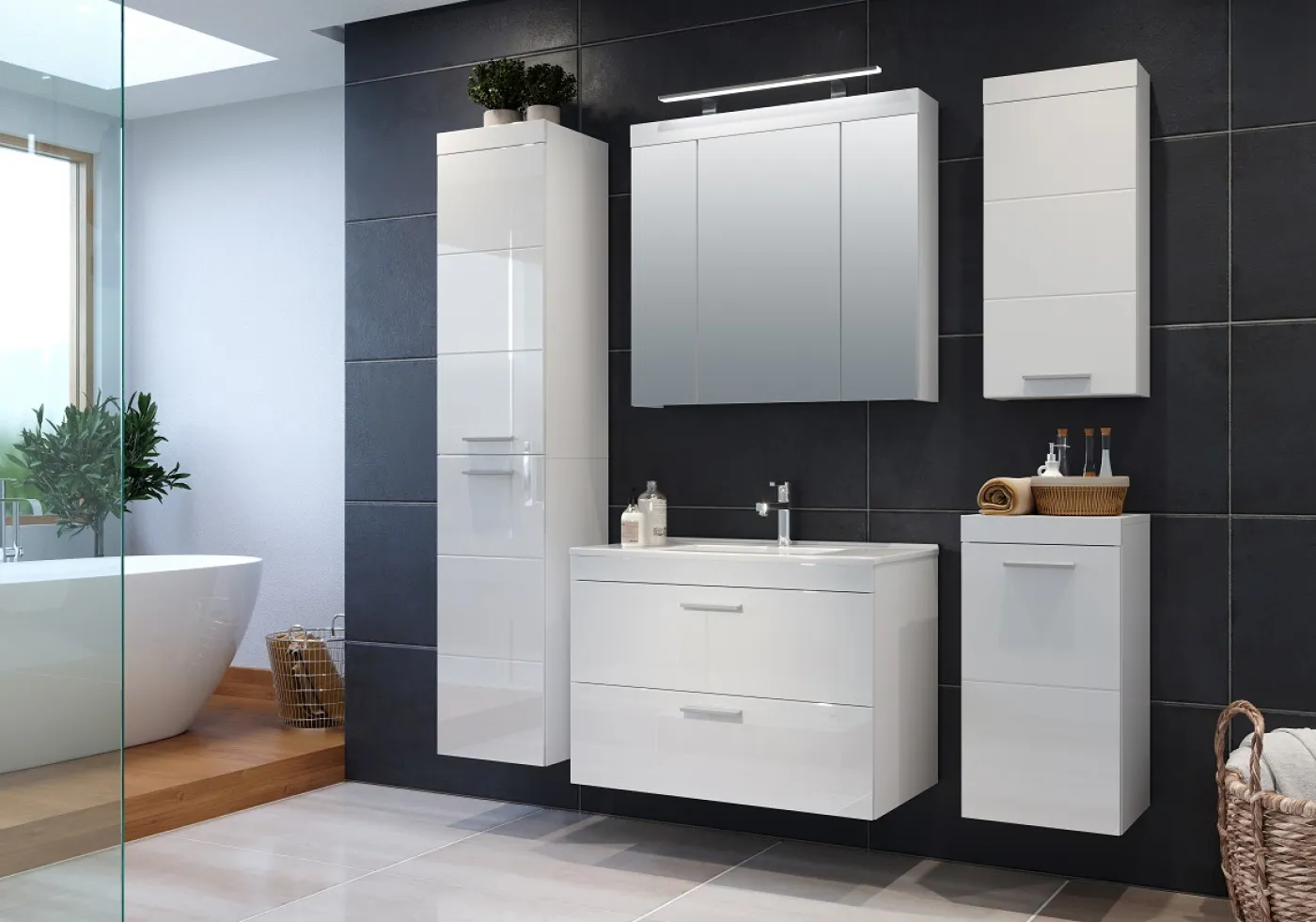 Badezimmer-Set Devon | inkl. Waschbecken | weiß Hochglanz | 2-teilig mit Aufsatzleuchte
