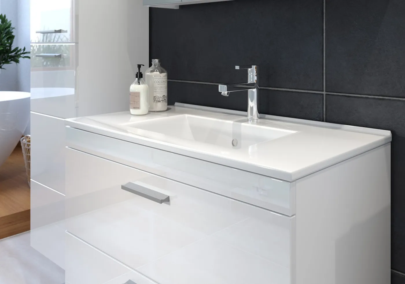 Badezimmer-Set Devon | inkl. Waschbecken | weiß Hochglanz | 2-teilig ohne Aufsatzleuchte