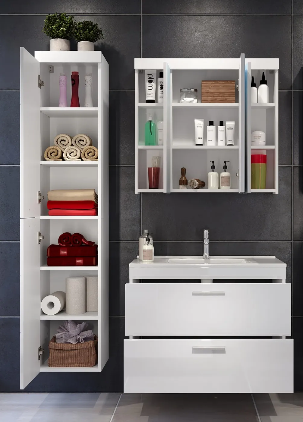 Badezimmer Set Devon | inkl. Waschbecken | weiß Hochglanz | 3-teilig mit Aufsatzleuchte