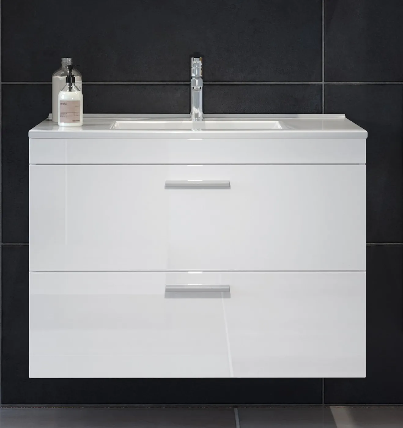 Badezimmer Set Devon | inkl. Waschbecken | weiß Hochglanz | 3-teilig mit Aufsatzleuchte