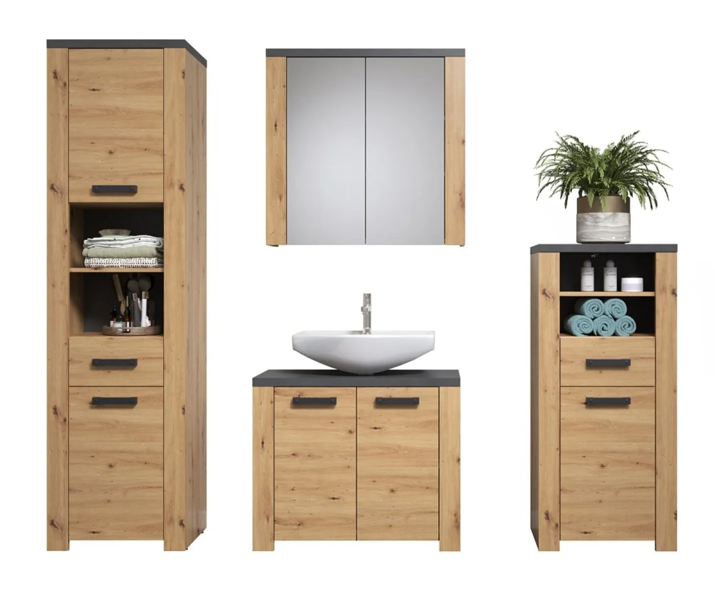 Badezimmer-Set Follow | Artisan Eiche / Matera grau | 4-teilig mit Beleuchtung