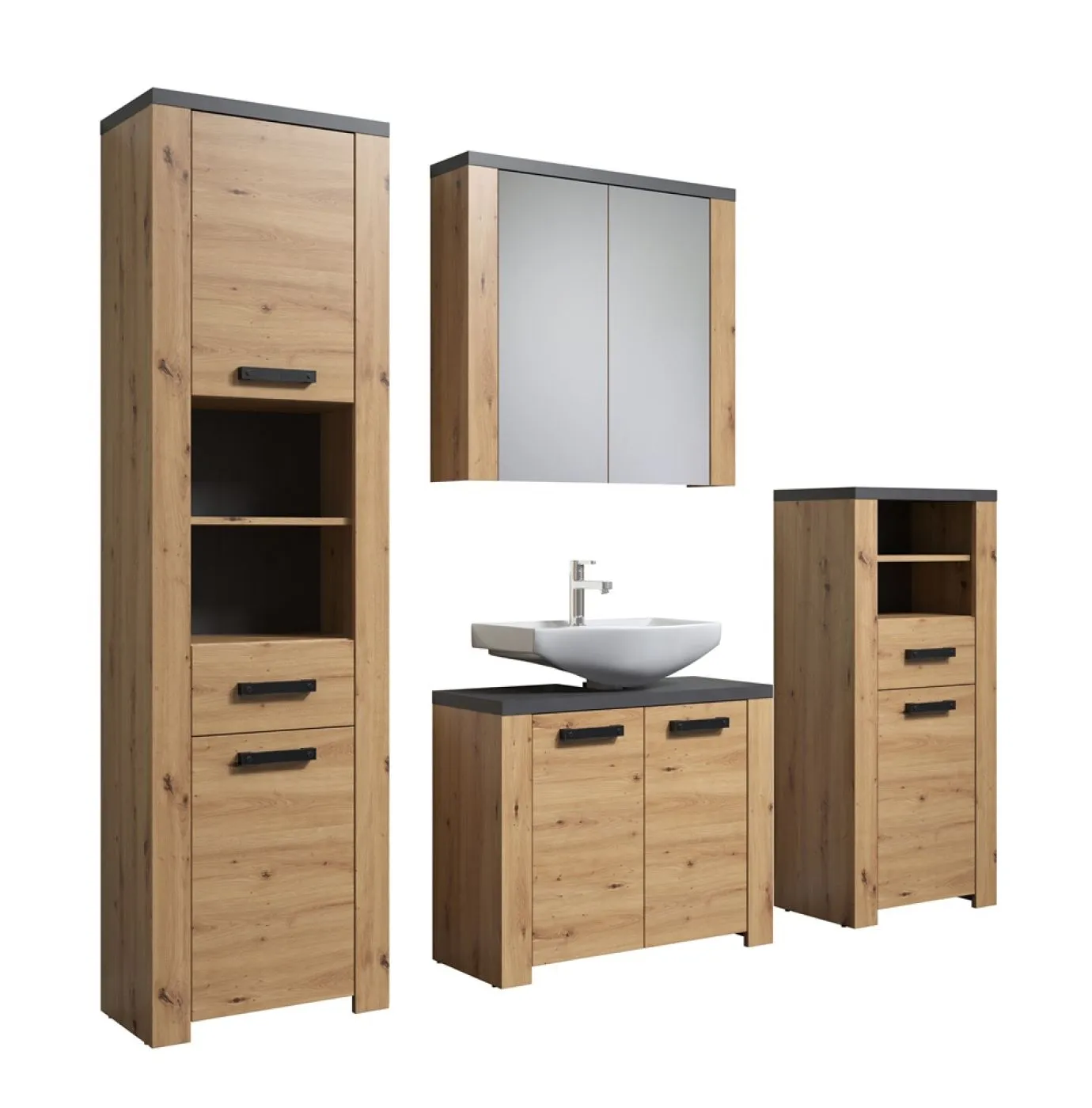 Badezimmer-Set Follow | Artisan Eiche / Matera grau | 4-teilig mit Beleuchtung