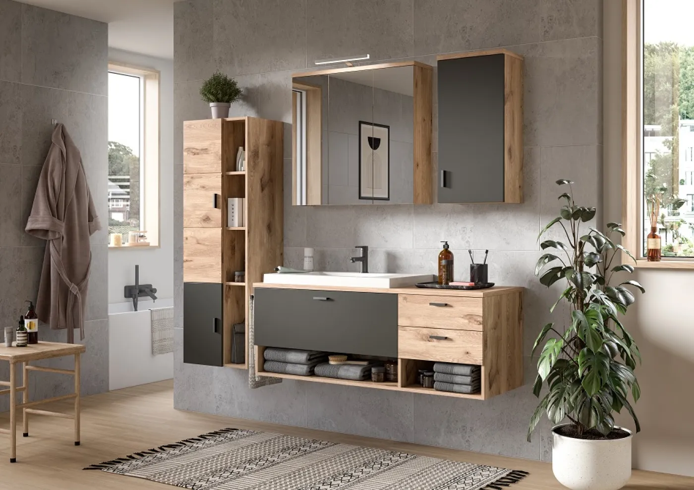 Badezimmer-Set Grado | Nox Oak / grau | 4-teilig mit Aufsatzleuchte