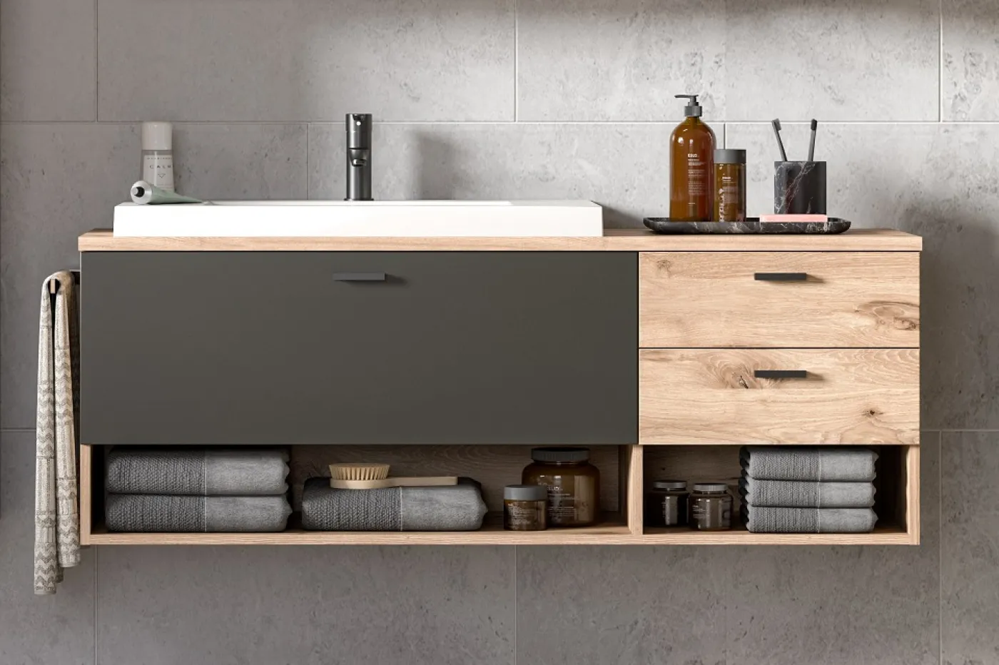 Badezimmer-Set Grado | Nox Oak / grau | 4-teilig ohne Beleuchtung