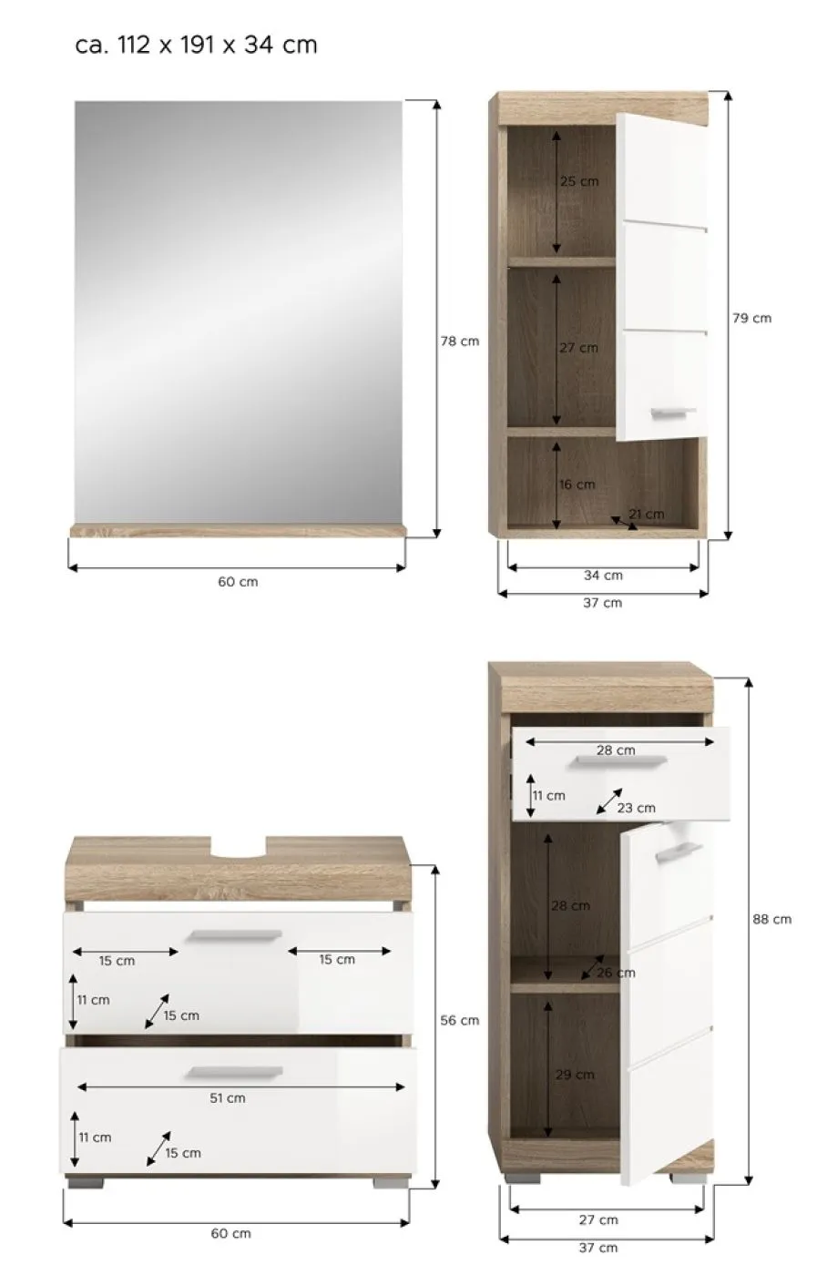 Badezimmer-Set Lambada 4 weiß Hochglanz / Sonoma Eiche hell 4-teilig