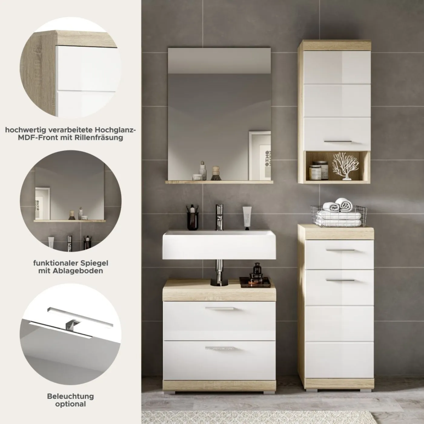 Badezimmer-Set Lambada 4 weiß Hochglanz / Sonoma Eiche hell 4-teilig