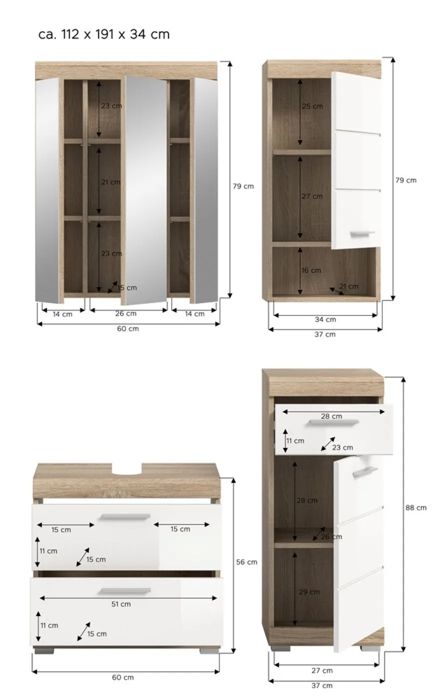 Badezimmer-Set Lambada 7 weiß Hochglanz / Sonoma Eiche hell 4-teilig