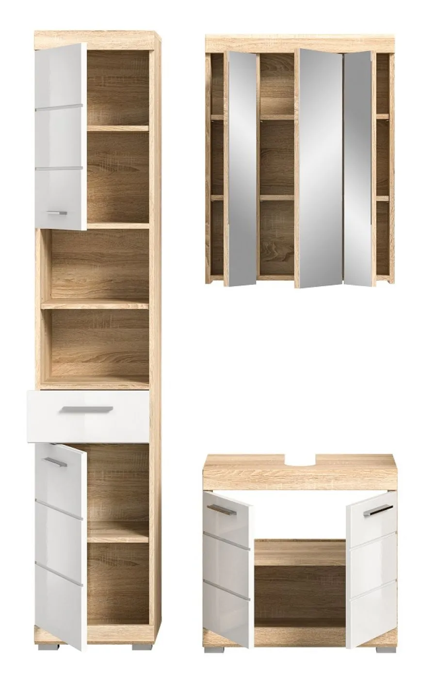Badezimmer-Set Lambada | weiß Hochglanz / Sonoma Eiche hell | 3-teilig ohne Aufsatzleuchte 1a