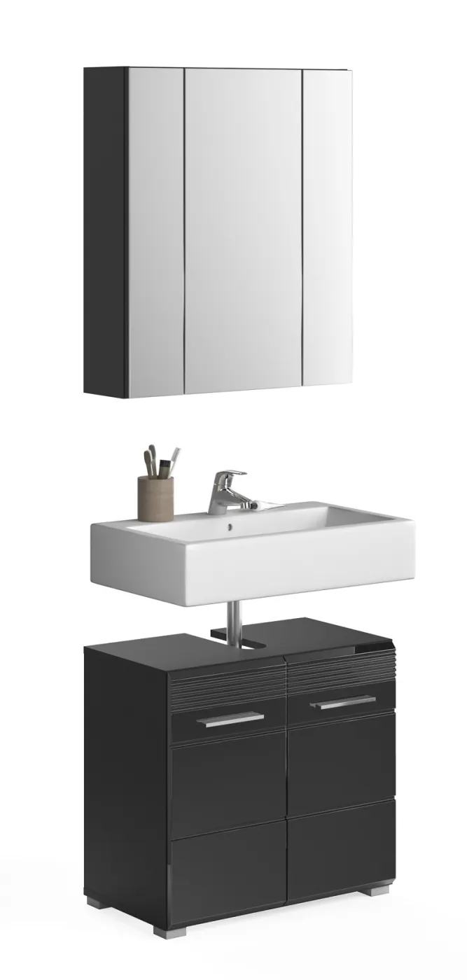 Badezimmer-Set Linus | schwarz Hochglanz | 2-teilig mit Aufsatzleuchte