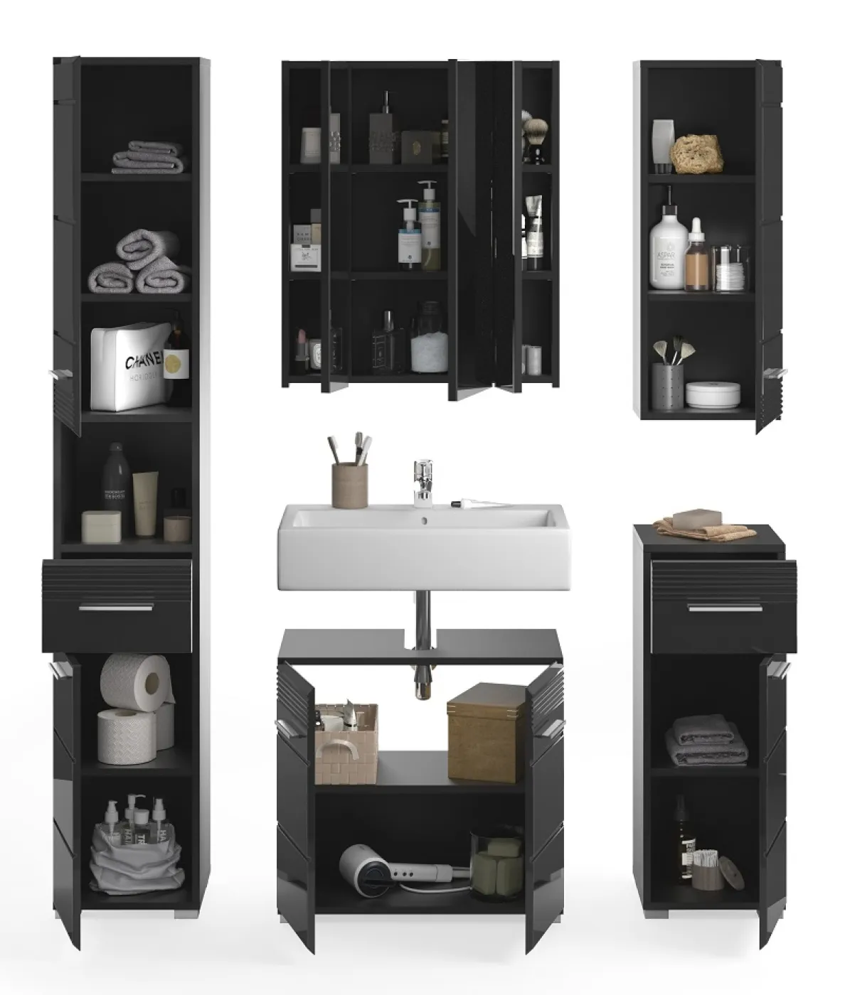 Badezimmer-Set Linus | schwarz Hochglanz | 5-teilig