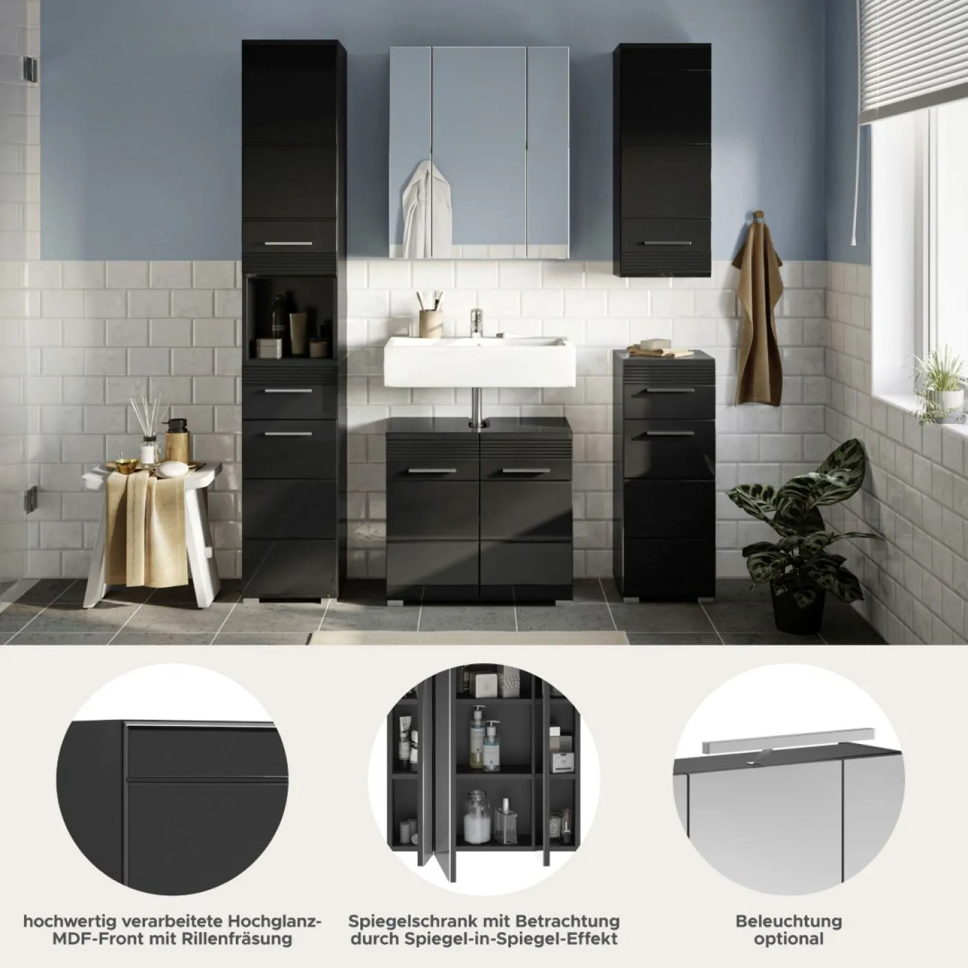 Badezimmer-Set Linus | schwarz Hochglanz | 5-teilig