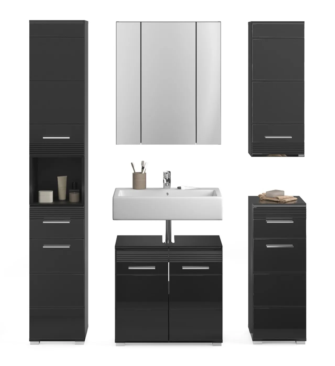 Badezimmer-Set Linus | schwarz Hochglanz | 5-teilig