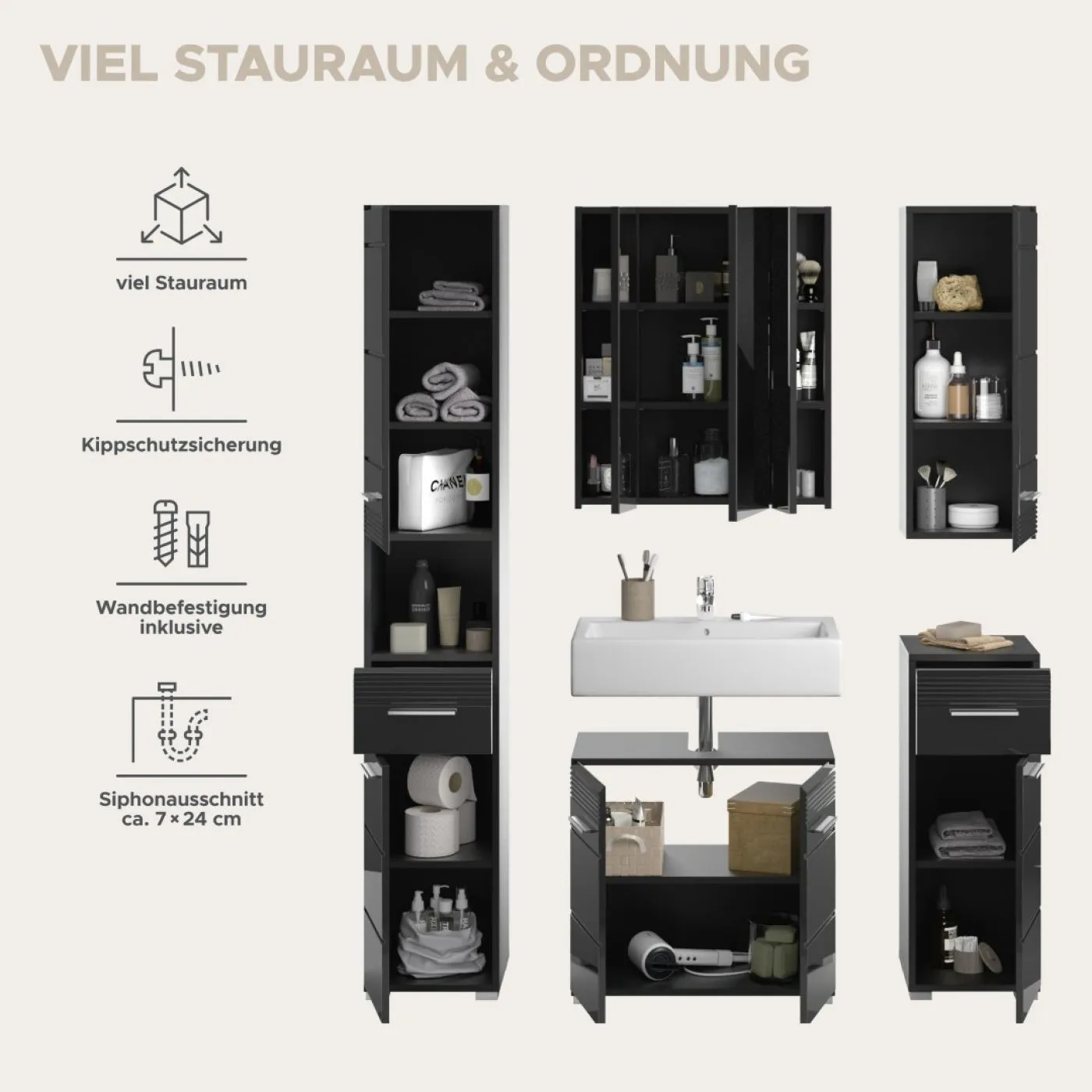 Badezimmer-Set Linus | schwarz Hochglanz | 5-teilig mit Aufsatzleuchte