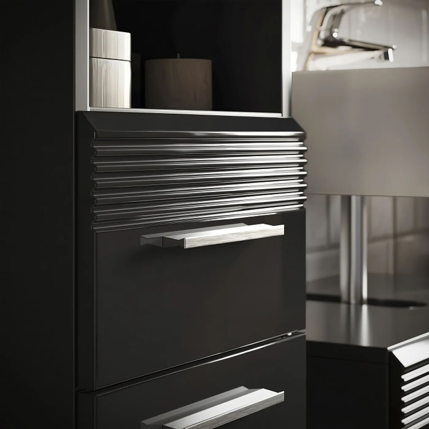 Badezimmer-Set Linus | schwarz Hochglanz | 5-teilig mit Aufsatzleuchte