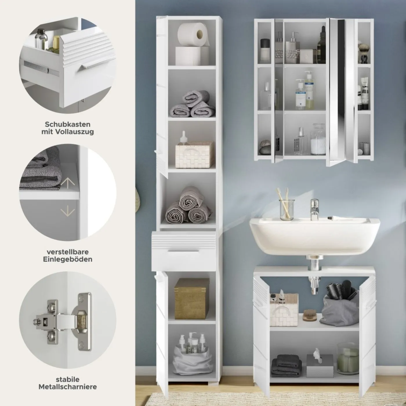 Badezimmer Set Linus | weiß Hochglanz | 3-teilig mit Aufsatzleuchte