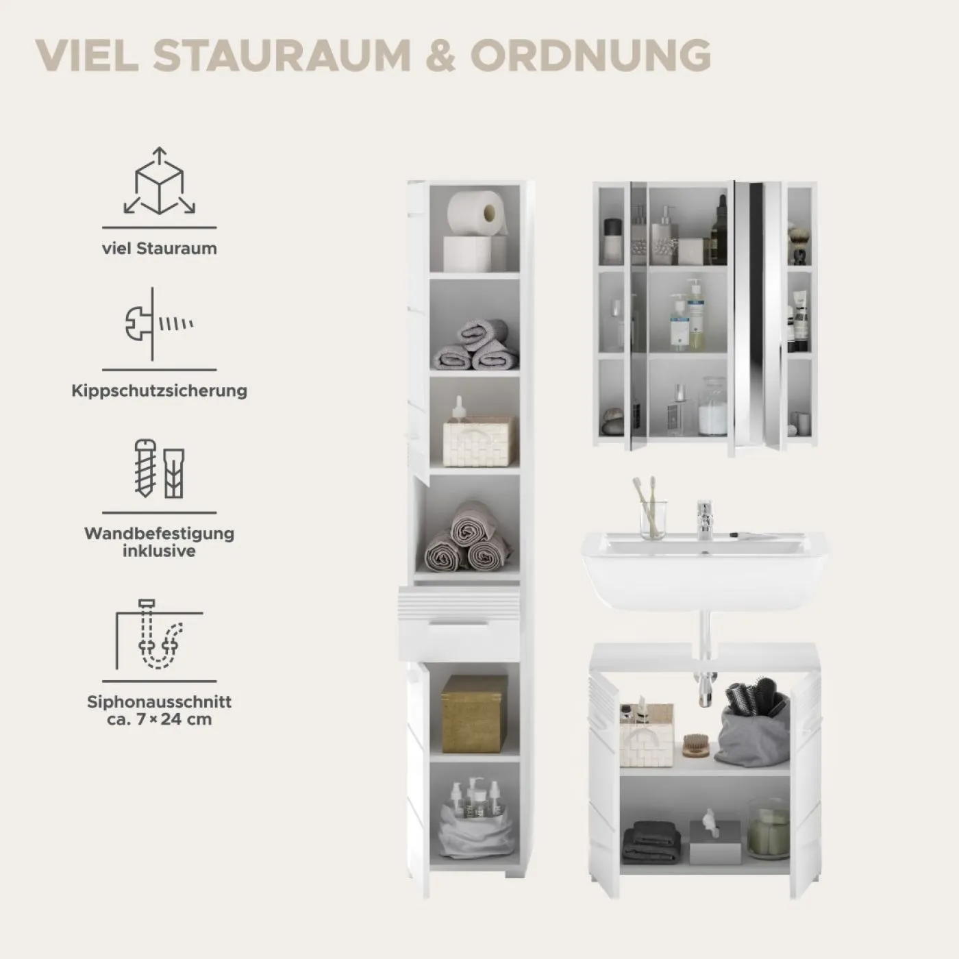 Badezimmer Set Linus | weiß Hochglanz | 3-teilig ohne Aufsatzleuchte