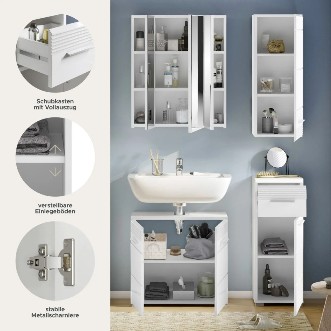 Badezimmer-Set Linus | weiß Hochglanz | 4-teilig mit Aufsatzleuchte
