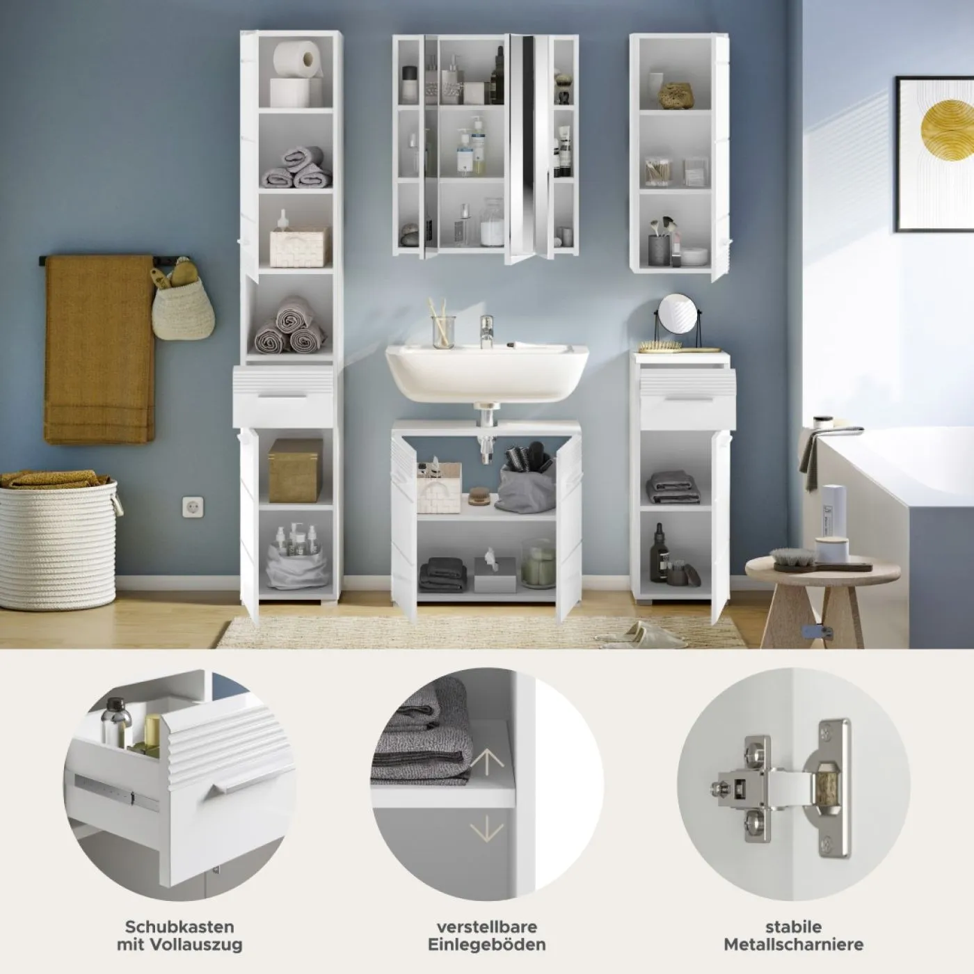 Badezimmer-Set Linus| weiß Hochglanz | 5-teilig mit Aufsatzleuchte