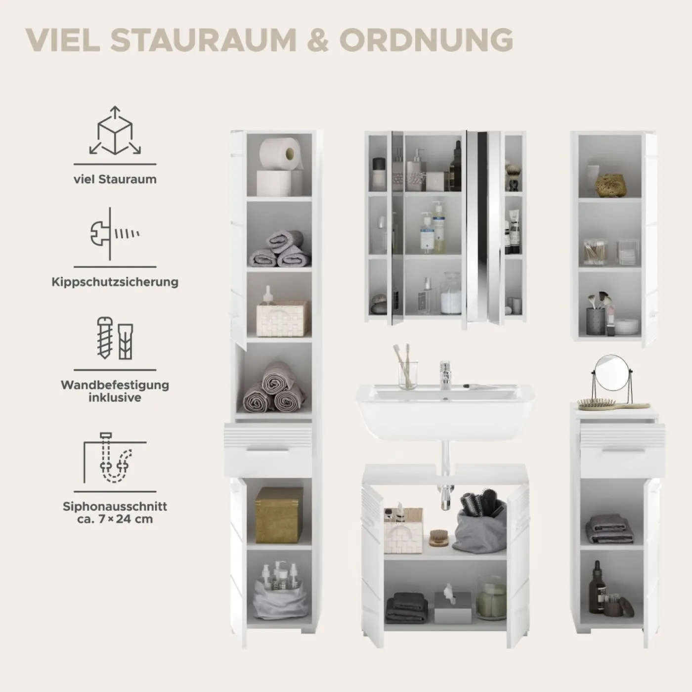 Badezimmer-Set Linus| weiß Hochglanz | 5-teilig ohne Aufsatzleuchte