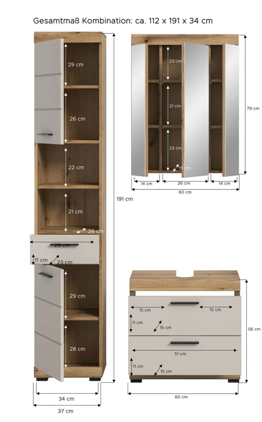 Badezimmer-Set Scout 1 | Kaschmir / Evoak Oak | 3-teilig mit Aufsatzleuchte