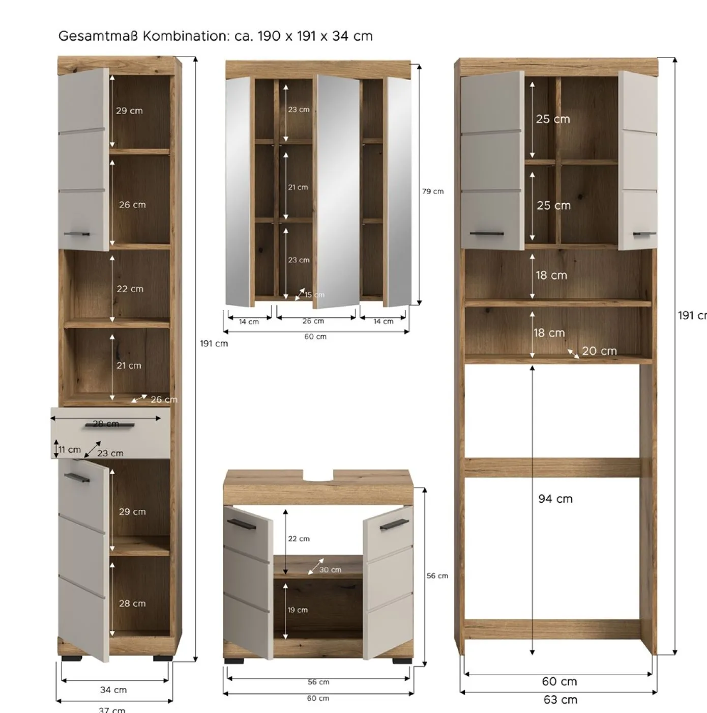 Badezimmer-Set Scout 1 | Kaschmir / Evoak Oak | 4-teilig ohne Aufsatzleuchte