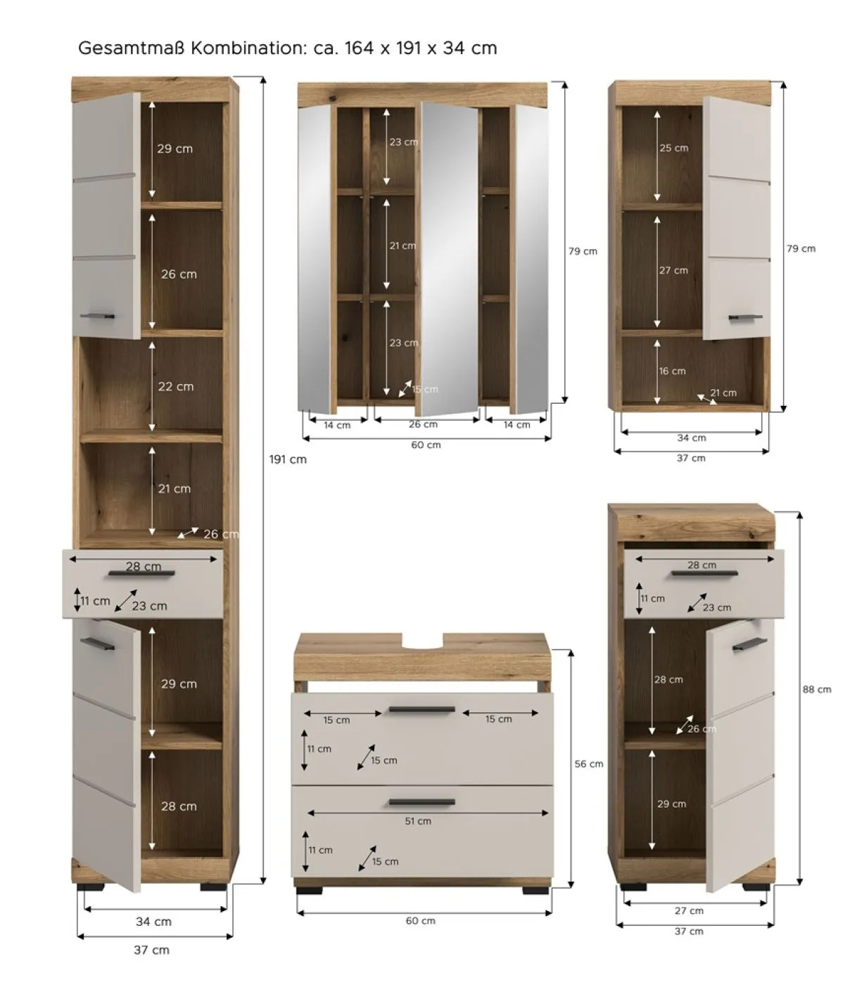 Badezimmer-Set Scout 1 | Kaschmir / Evoak Oak | 5-teilig mit Aufsatzleuchte