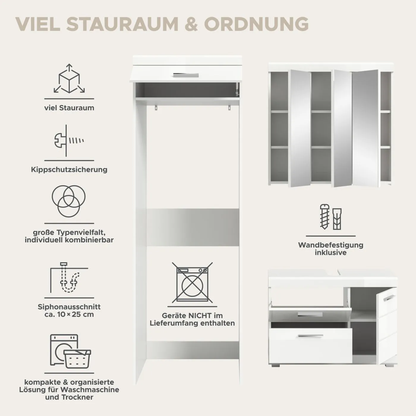 Badezimmer-Set Scout 1 | weiß Hochglanz / weiß | 3-teilig ohne Aufsatzleuchte