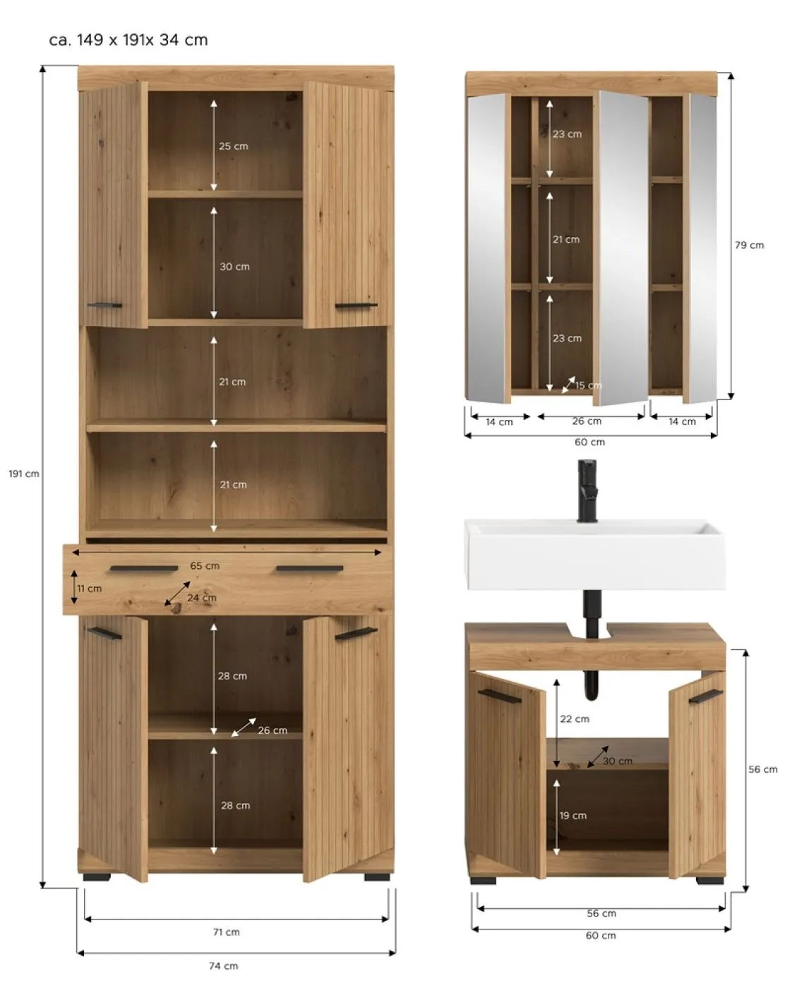 Badezimmer-Set Scout 2 | Artisan Eiche | 3-teilig mit Aufsatzleuchte