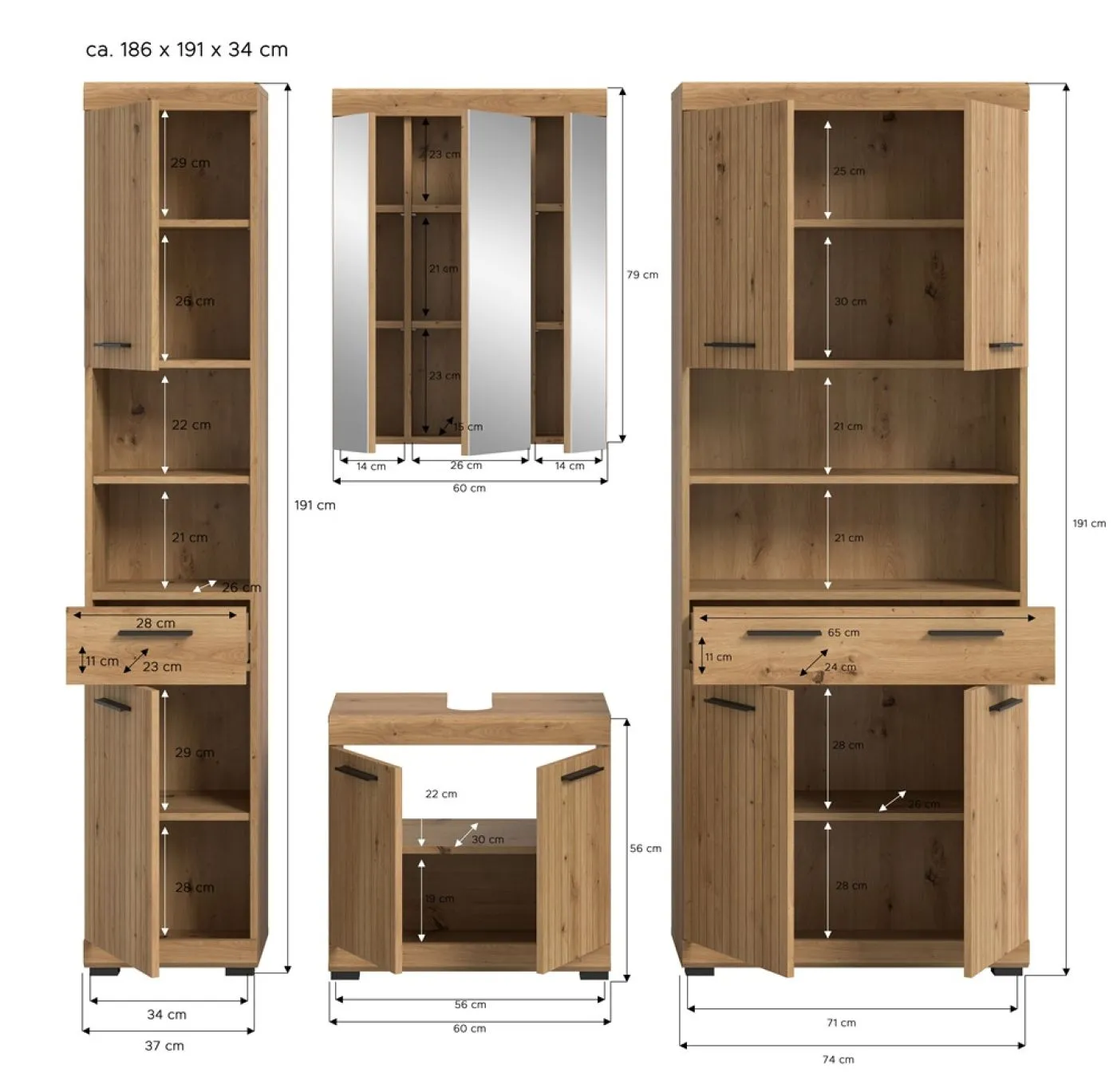 Badezimmer-Set Scout 2 | Artisan Eiche | 4-teilig ohne Aufsatzleuchte