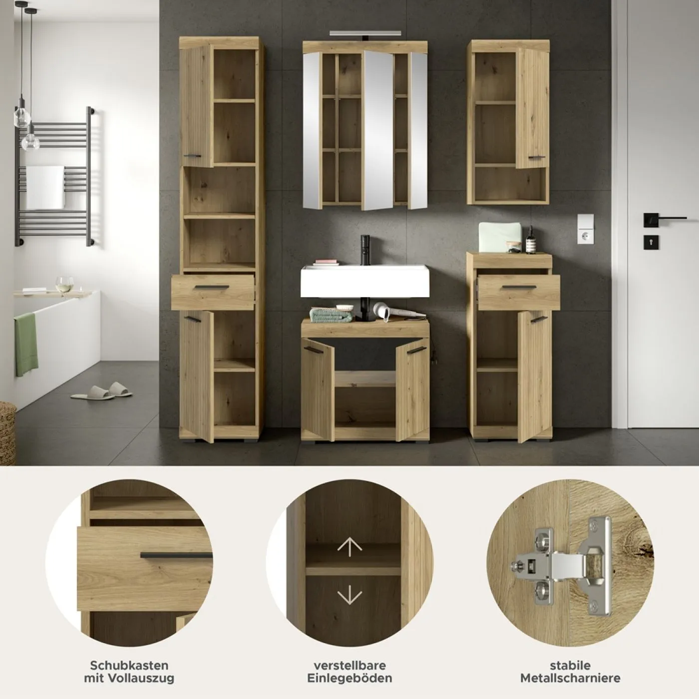 Badezimmer-Set Scout 2 | Artisan Eiche | 5-teilig mit Aufsatzleuchte