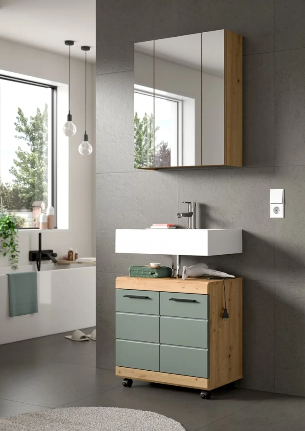 Badezimmer-Set Scout 2 auf Rollen | Salbei / Artisan Eiche | 2-teilig