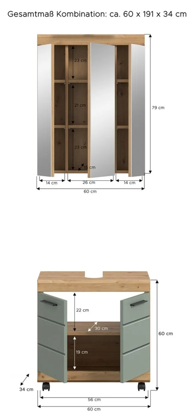 Badezimmer-Set Scout 2 auf Rollen | Salbei / Artisan Eiche | 2-teilig mit Aufsatzleuchte