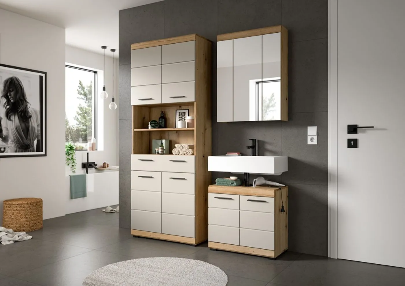 Badezimmer-Set Scout 2 | Kaschmir / Evoak Oak | 3-teilig mit Aufsatzleuchte