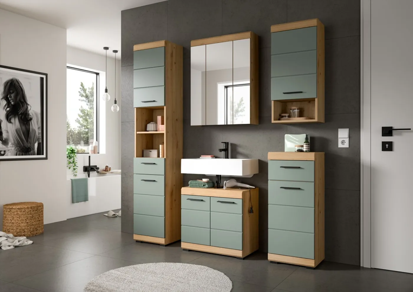Badezimmer-Set Scout 2 | Salbei / Artisan Eiche | 2-teilig | optional Aufsatzleuchte