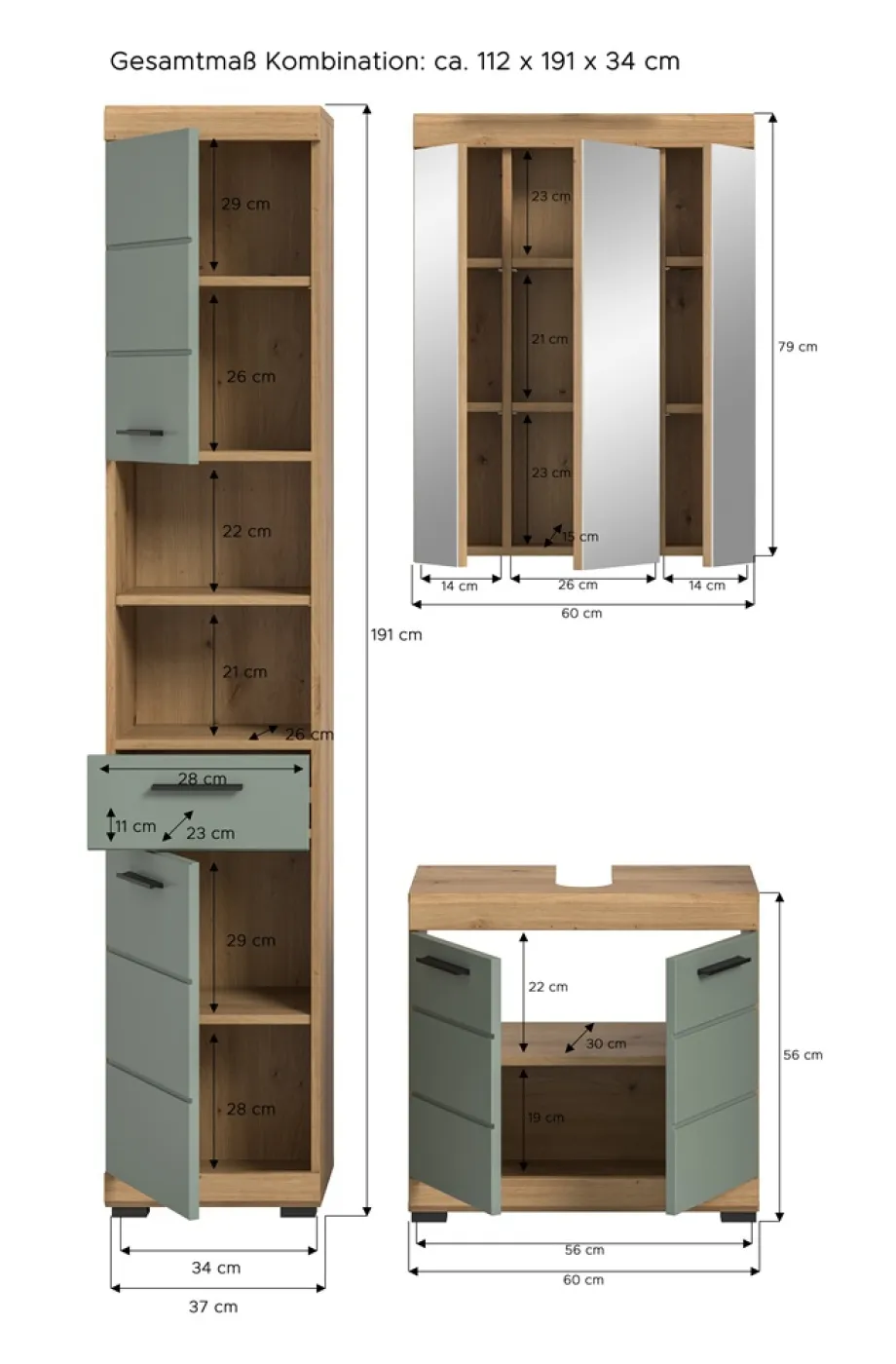 Badezimmer-Set Scout 2 | Salbei / Artisan Eiche | 3-teilig | mit Aufsatzleuchte