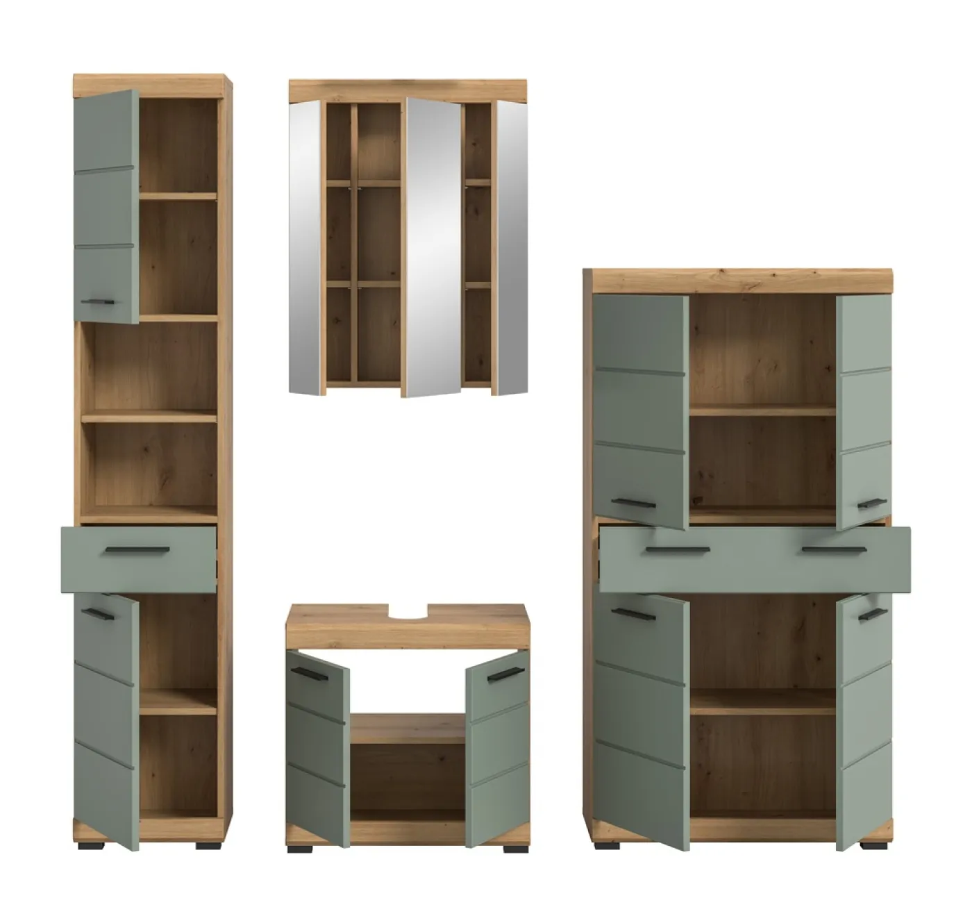 Badezimmer-Set Scout 5 | Salbei / Artisan Eiche | 4-teilig | mit Aufsatzleuchte
