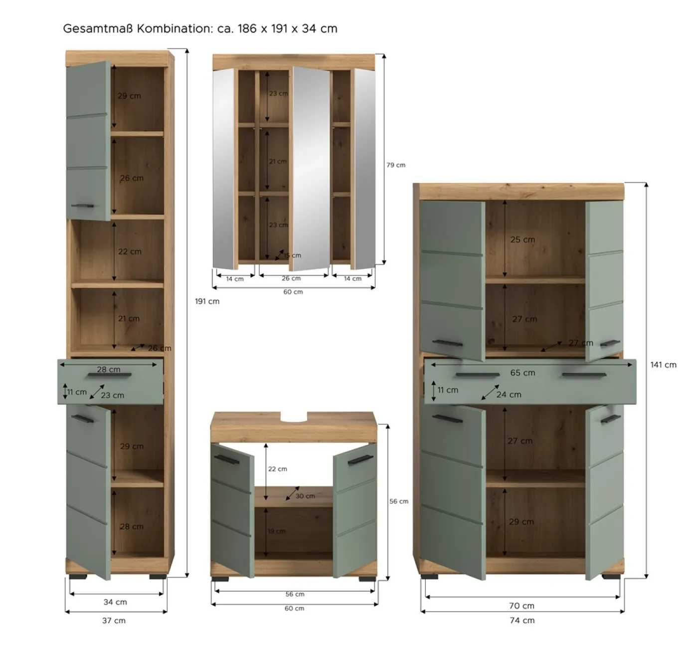 Badezimmer-Set Scout 5 | Salbei / Artisan Eiche | 4-teilig | mit Aufsatzleuchte