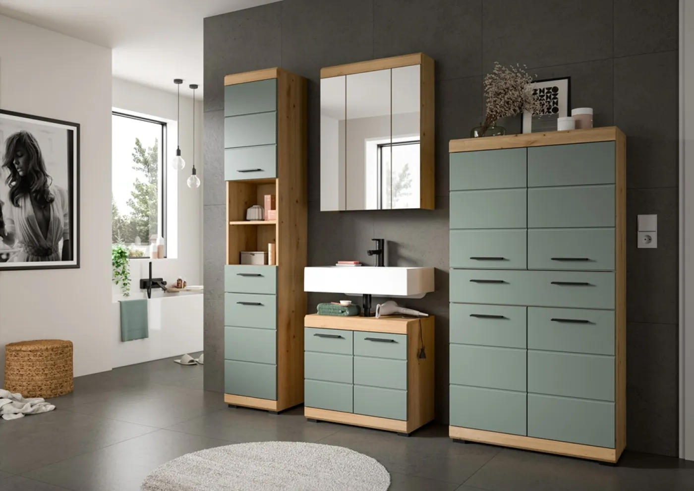 Badezimmer-Set Scout 5 | Salbei / Artisan Eiche | 4-teilig | mit Aufsatzleuchte