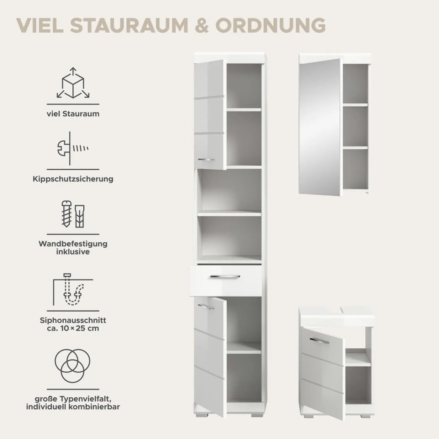 Badezimmer-Set Scout 2 | weiß Hochglanz / weiß | 3-teilig